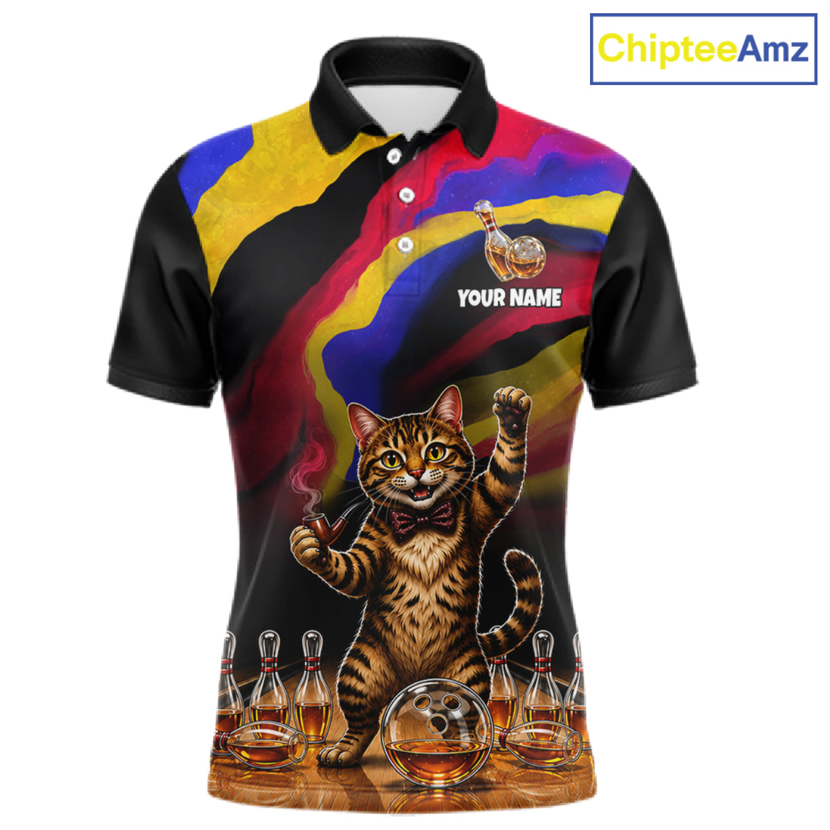 Custom Smoking Pipe Cat Drunk Whisky Bowling Jersey For Men Tabby Cat Bowling Shirt Bowler Uniform Gift NYN4289