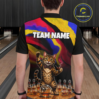 Custom Smoking Pipe Cat Drunk Whisky Bowling Jersey For Men Tabby Cat Bowling Shirt Bowler Uniform Gift NYN4289