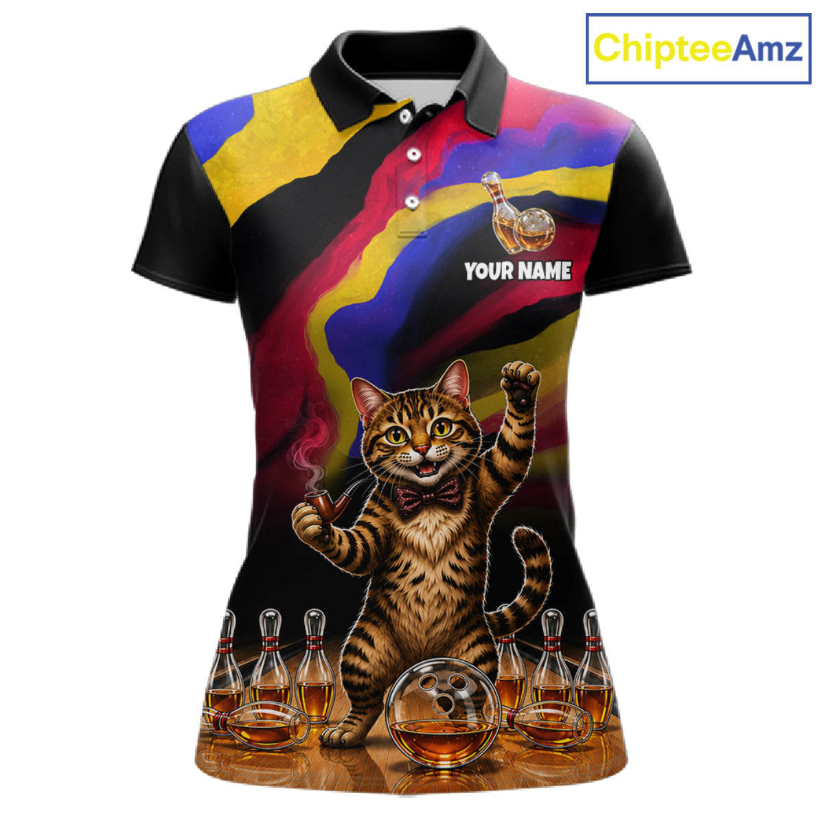 Custom Smoking Pipe Cat Drunk Whisky Bowling Jersey For Women Tabby Cat Bowling Shirt Bowler Uniform Gift NYN4289