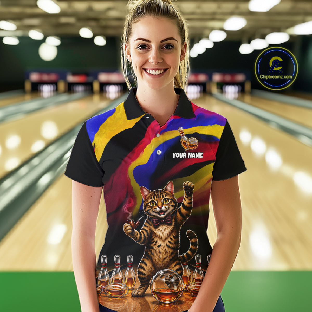 Custom Smoking Pipe Cat Drunk Whisky Bowling Jersey For Women Tabby Cat Bowling Shirt Bowler Uniform Gift NYN4289