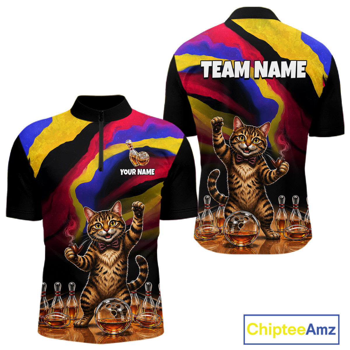 Custom Smoking Pipe Cat Drunk Whisky Bowling Jersey For Men Tabby Cat Bowling Shirt Bowler Uniform Gift NYN4289