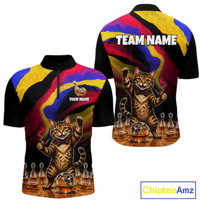 Custom Smoking Pipe Cat Drunk Whisky Bowling Jersey For Men Tabby Cat Bowling Shirt Bowler Uniform Gift NYN4289