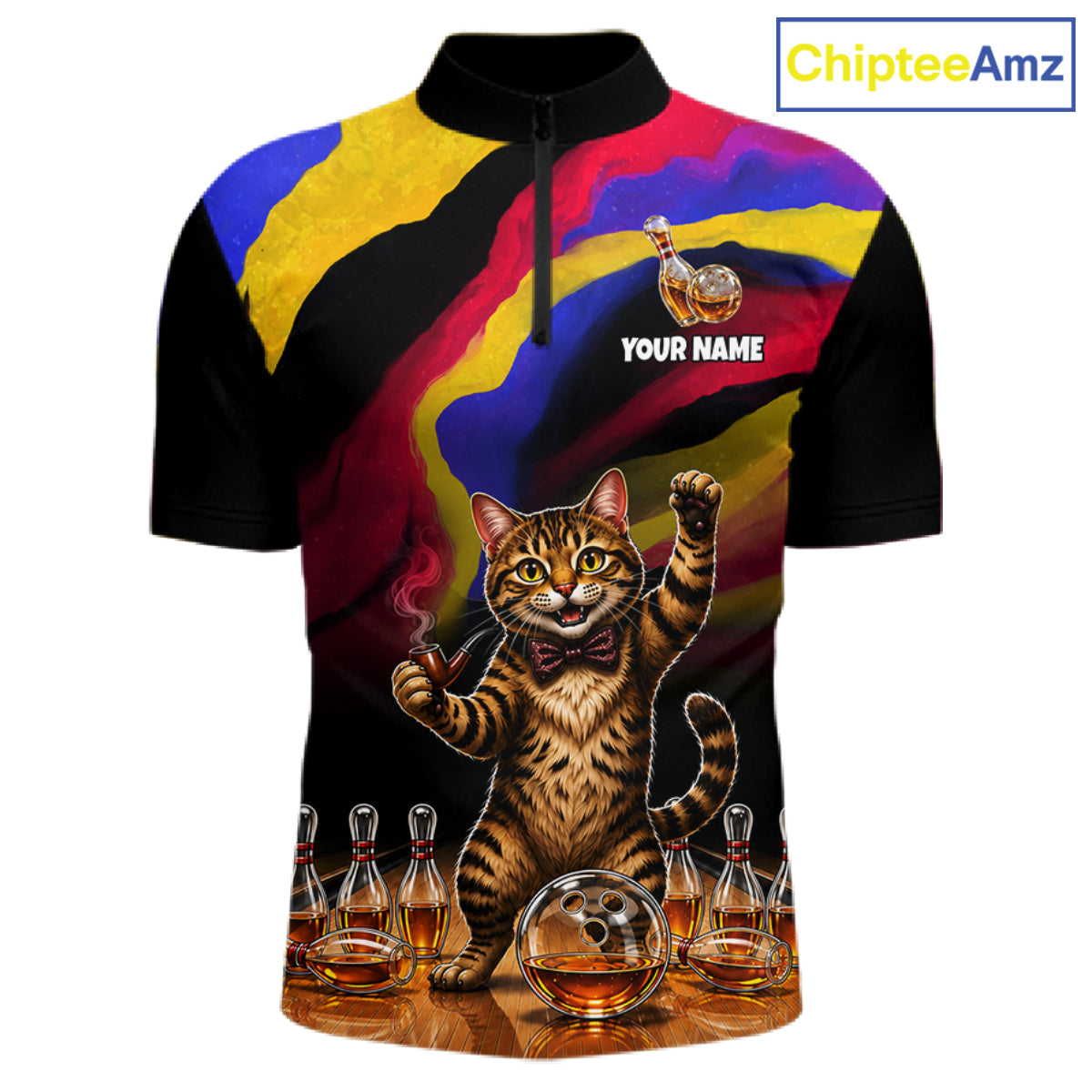 Custom Smoking Pipe Cat Drunk Whisky Bowling Jersey For Men Tabby Cat Bowling Shirt Bowler Uniform Gift NYN4289