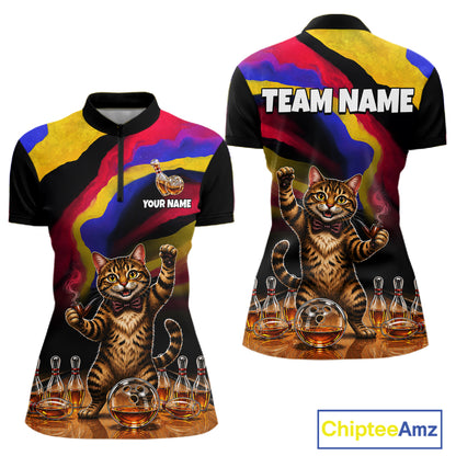 Custom Smoking Pipe Cat Drunk Whisky Bowling Jersey For Women Tabby Cat Bowling Shirt Bowler Uniform Gift NYN4289