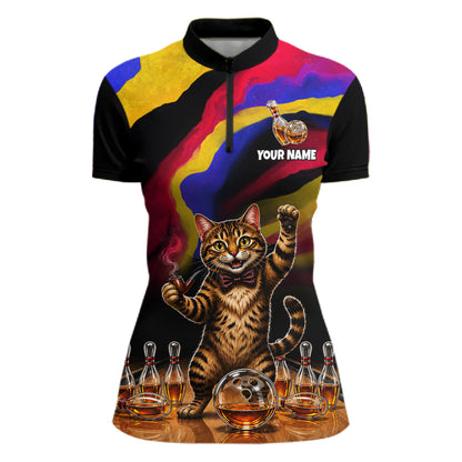 Custom Smoking Pipe Cat Drunk Whisky Bowling Jersey For Women Tabby Cat Bowling Shirt Bowler Uniform Gift NYN4289