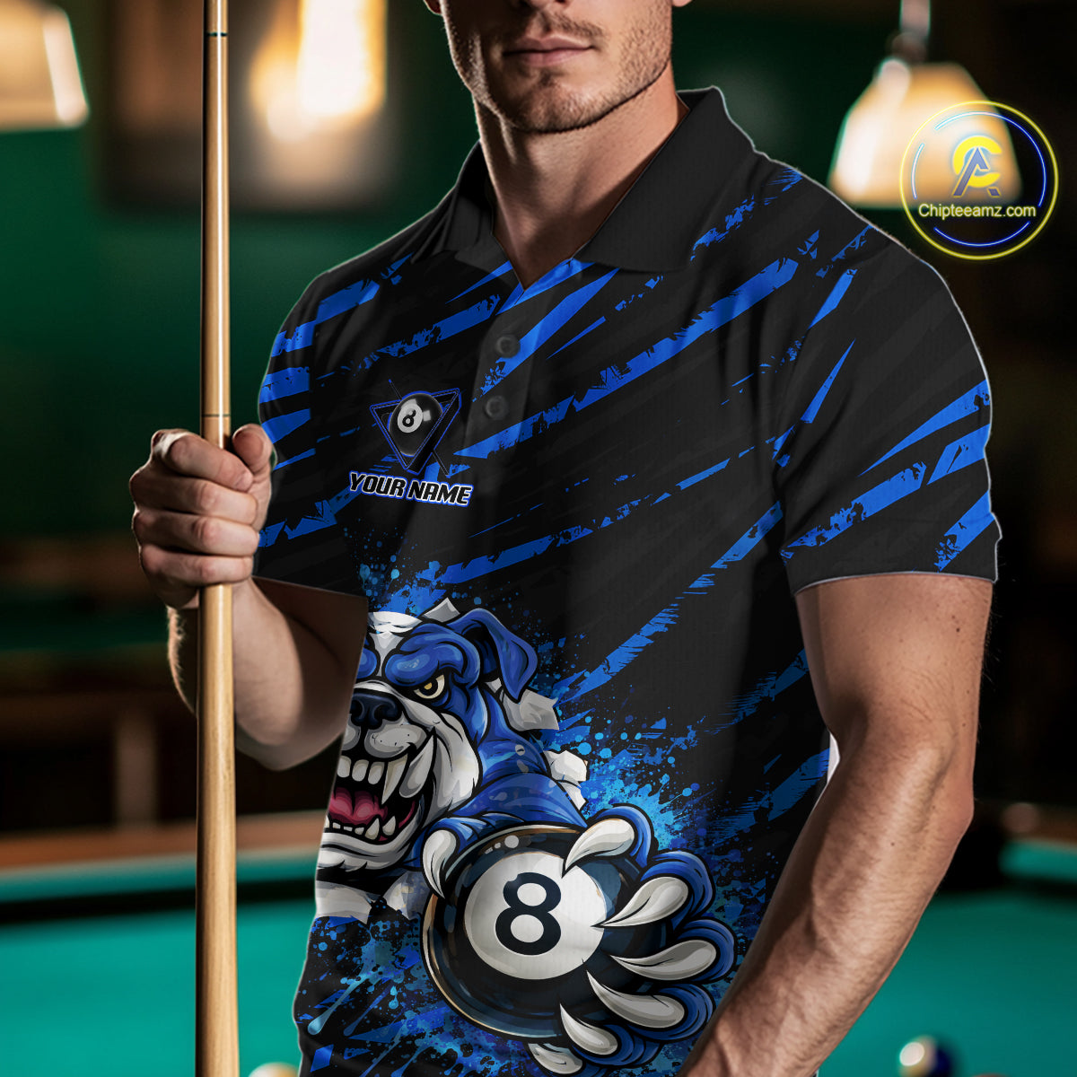 Blue Splatter Ball 8 Billiard Jerseys For Men Custom Funny Bulldog Billiard Team Jersey NYN2319