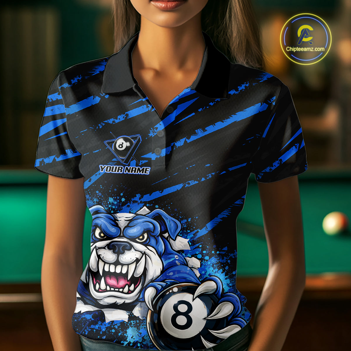 Blue Splatter Ball 8 Billiard Jerseys For Women Custom Funny Bulldog Billiard Team Jersey NYN2319