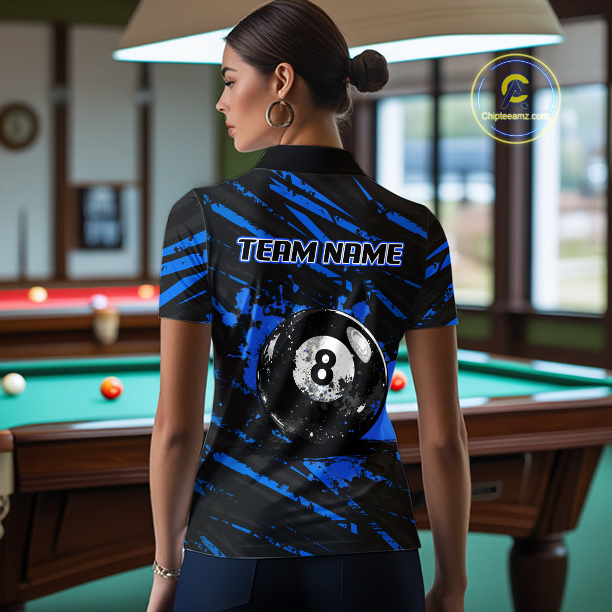 Blue Splatter Ball 8 Billiard Jerseys For Women Custom Funny Bulldog Billiard Team Jersey NYN2319