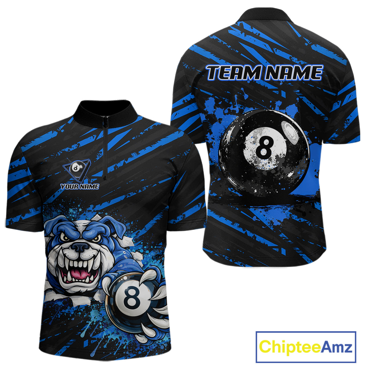 Blue Splatter Ball 8 Billiard Jerseys For Men Custom Funny Bulldog Billiard Team Jersey NYN2319