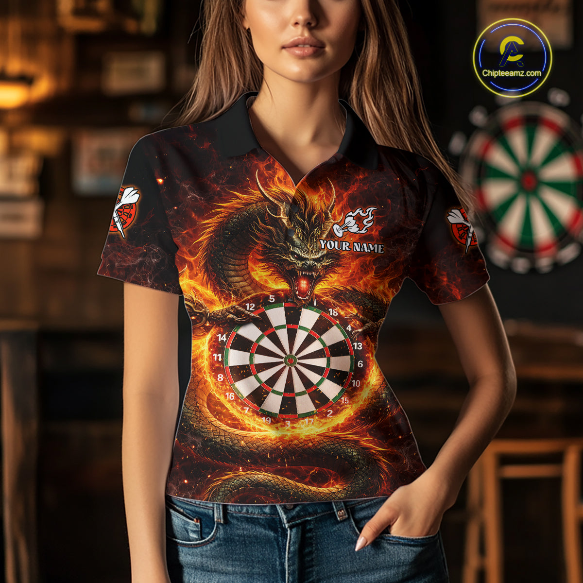 Personalized Red Flaming Dragon Dartboard Women Darts Polo Shirt Custom Darts Team Jerseys NYN2582