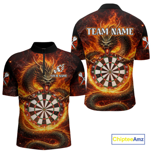 Personalized Red Flaming Dragon Dartboard Men Darts 1/4-Zip Shirt Custom Darts Team Jerseys NYN2582
