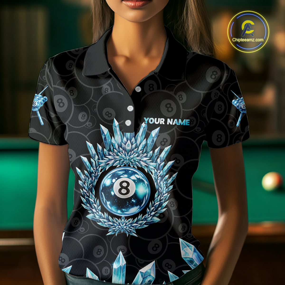 Load image into Gallery viewer, Blue Icy Cold Pool 8 Ball Billiard Polo & 1/4-Zip Shirt For Women Custom Ball Billiard Attire NYN2589