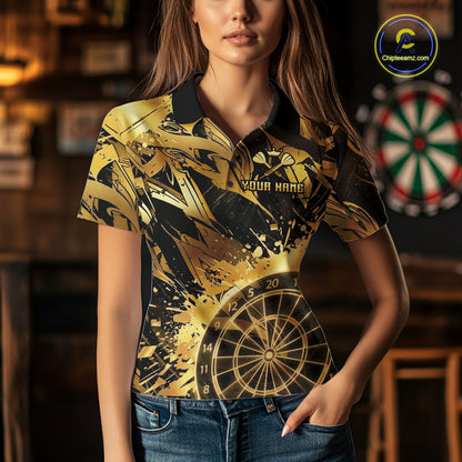 Gold Splatter Dartboard Women Dart Polo & 1/4-Zip Shirt Custom Name Dart Jersey For Darters NYN2965