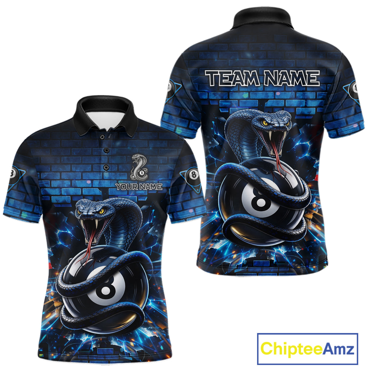 Lightning Blue 8 Ball Pool Shirts Custom Men Billiard Polo & 1/4 Zip Shirts Cobra Billiard Jerseys NYN2969