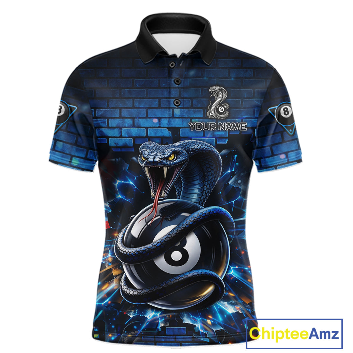 Lightning Blue 8 Ball Pool Shirts Custom Men Billiard Polo & 1/4 Zip Shirts Cobra Billiard Jerseys NYN2969