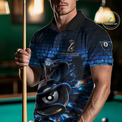 Lightning Blue 8 Ball Pool Shirts Custom Men Billiard Polo & 1/4 Zip Shirts Cobra Billiard Jerseys NYN2969
