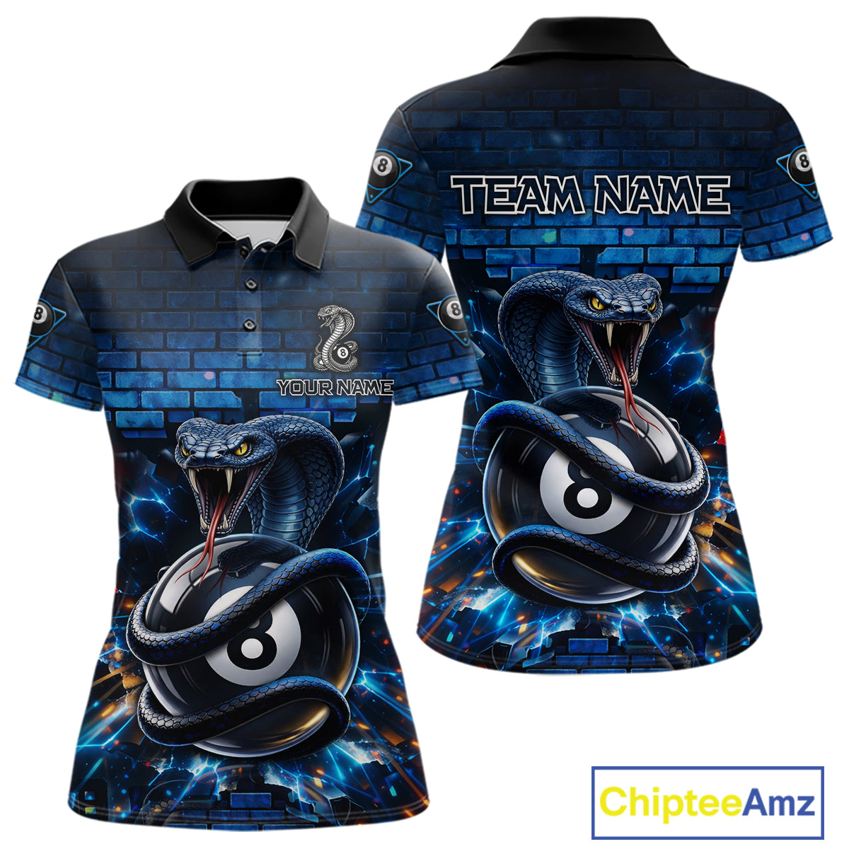 Lightning Blue 8 Ball Pool Shirts Custom Women Billiard Polo & 1/4 Zip Shirts Cobra Billiard Jerseys NYN2969