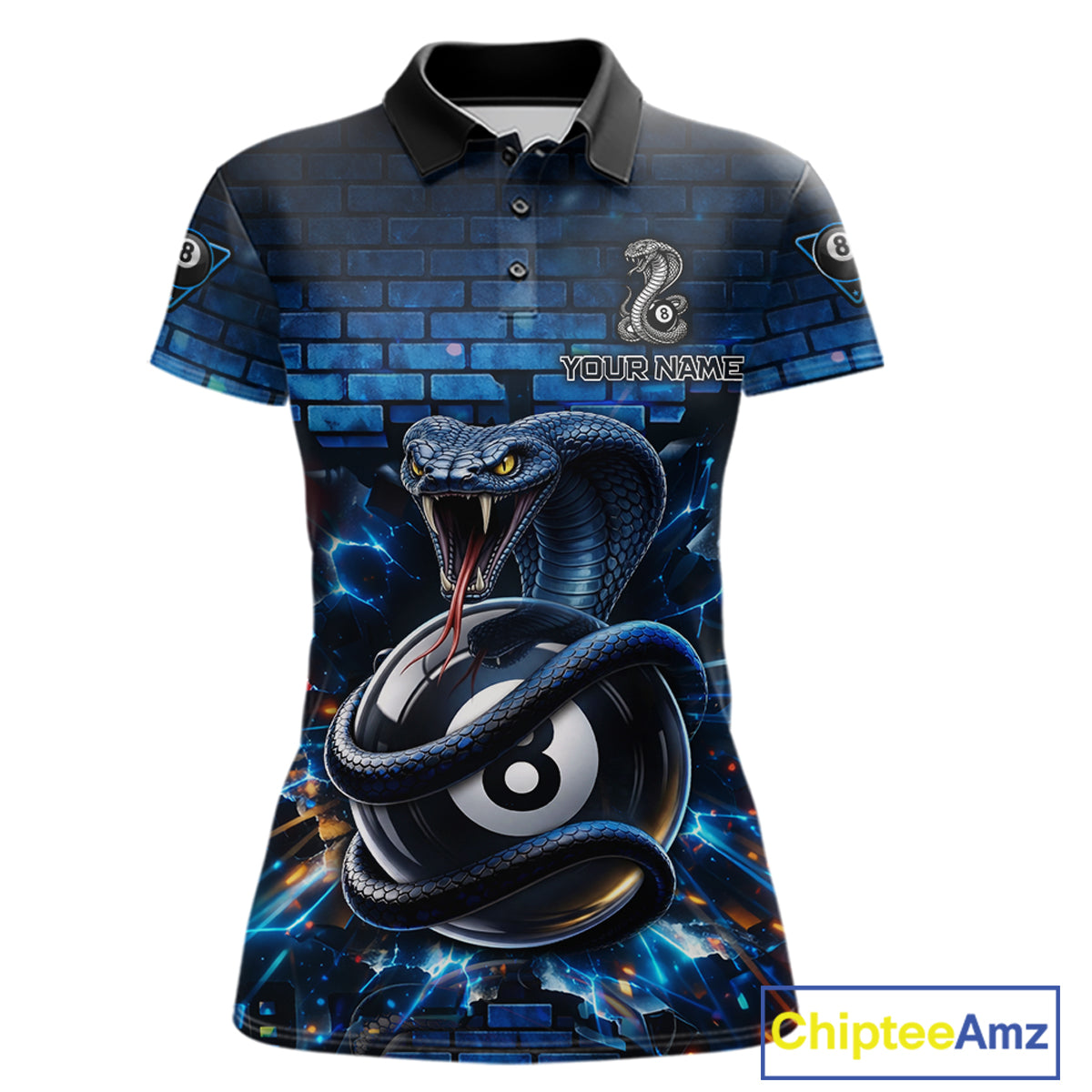 Lightning Blue 8 Ball Pool Shirts Custom Women Billiard Polo & 1/4 Zip Shirts Cobra Billiard Jerseys NYN2969