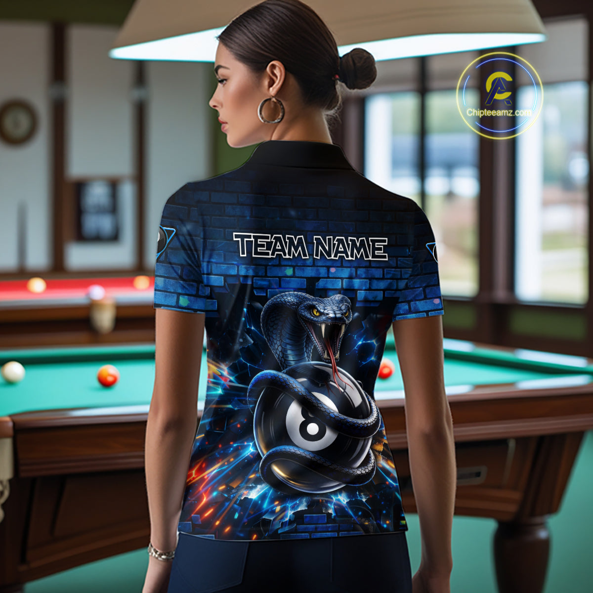 Lightning Blue 8 Ball Pool Shirts Custom Women Billiard Polo & 1/4 Zip Shirts Cobra Billiard Jerseys NYN2969