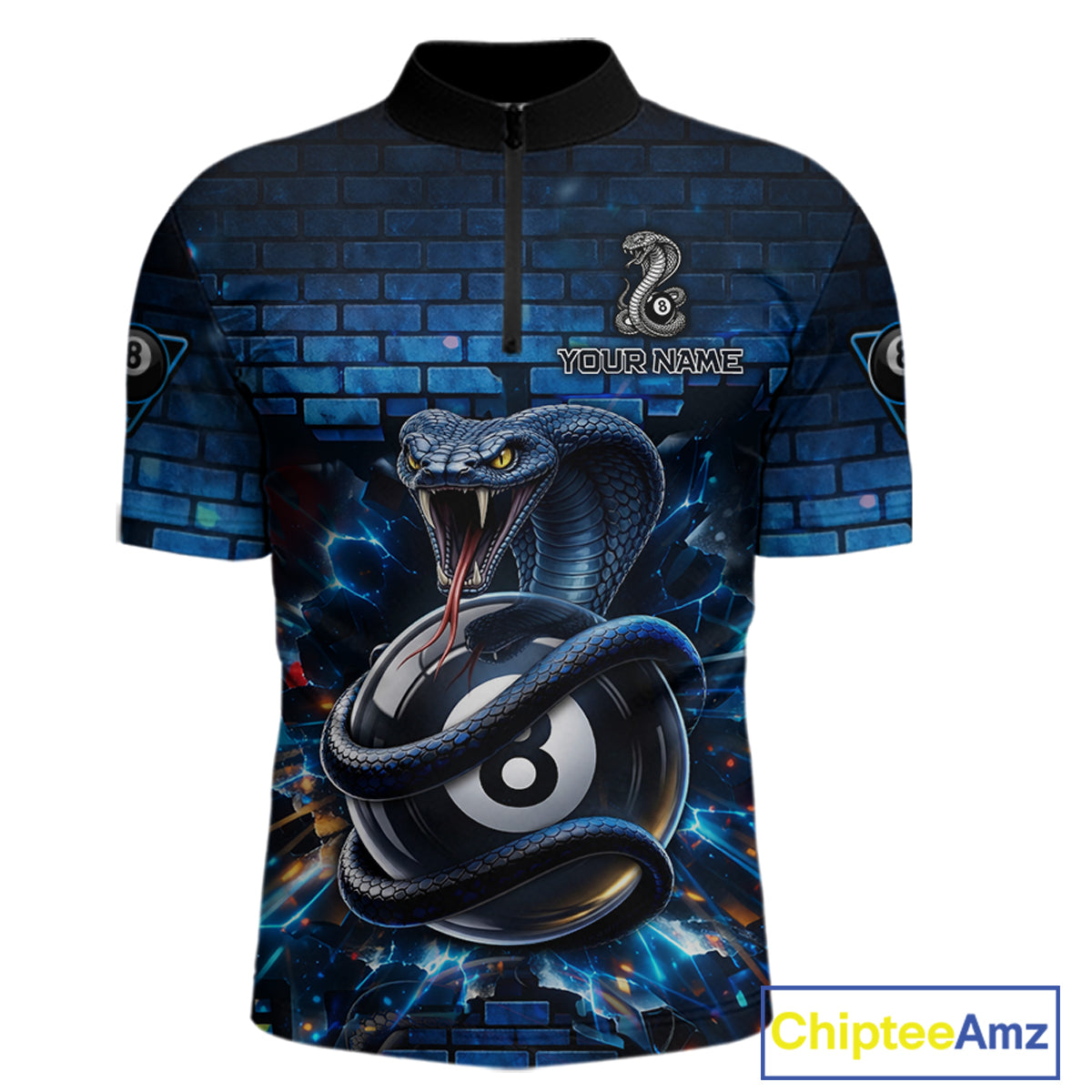 Lightning Blue 8 Ball Pool Shirts Custom Men Billiard Polo & 1/4 Zip Shirts Cobra Billiard Jerseys NYN2969