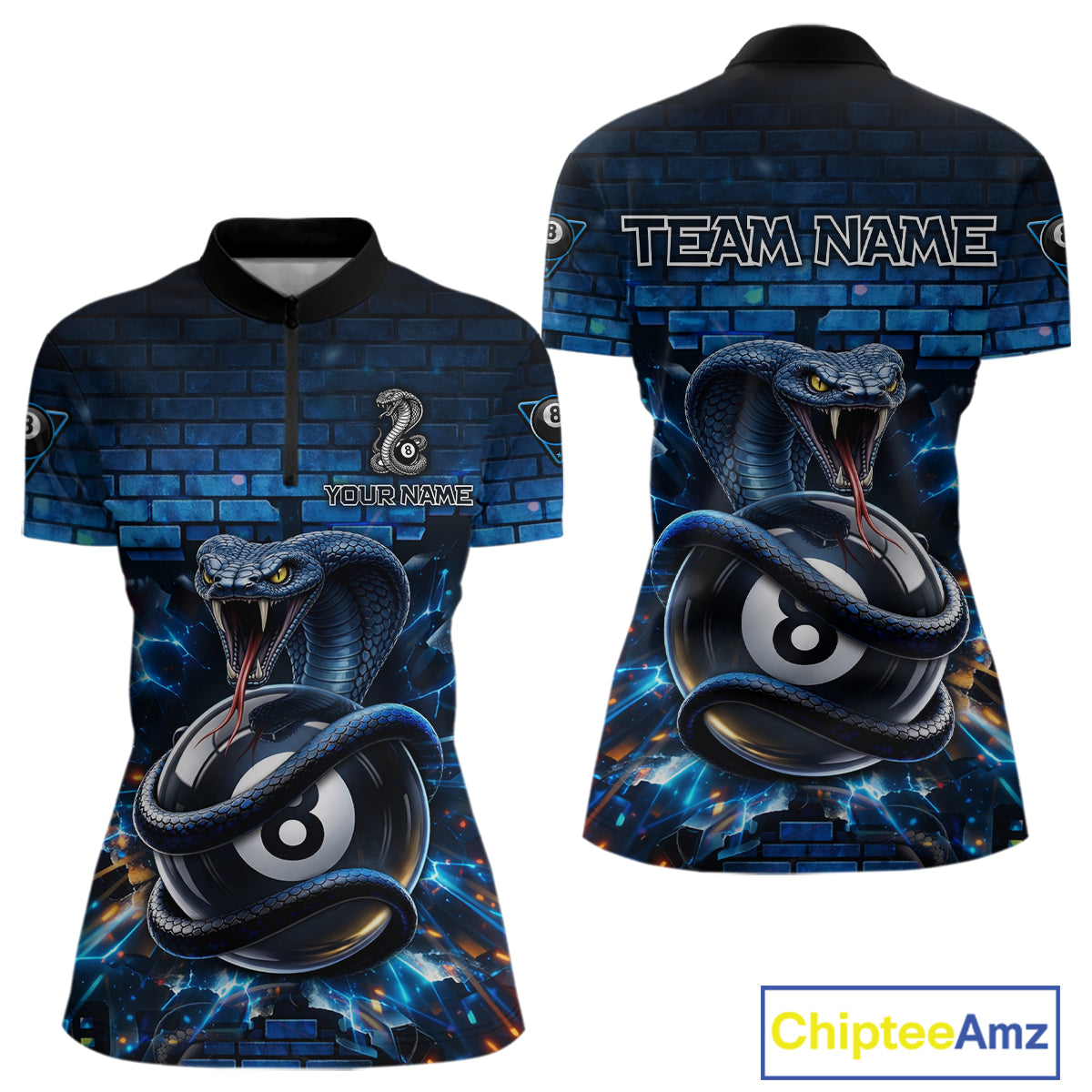Lightning Blue 8 Ball Pool Shirts Custom Women Billiard Polo & 1/4 Zip Shirts Cobra Billiard Jerseys NYN2969