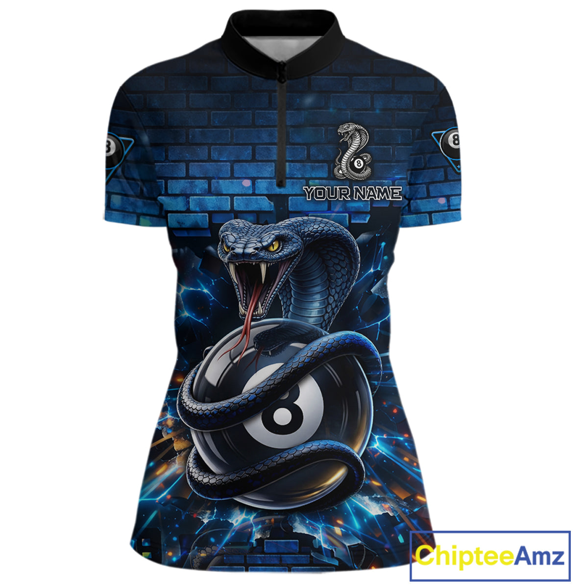 Lightning Blue 8 Ball Pool Shirts Custom Women Billiard Polo & 1/4 Zip Shirts Cobra Billiard Jerseys NYN2969