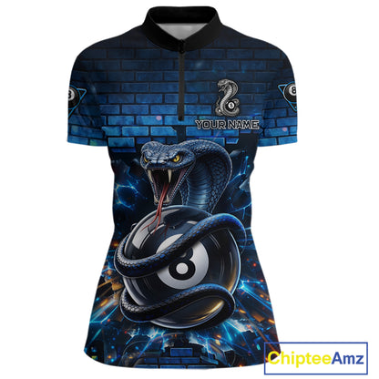 Lightning Blue 8 Ball Pool Shirts Custom Women Billiard Polo & 1/4 Zip Shirts Cobra Billiard Jerseys NYN2969