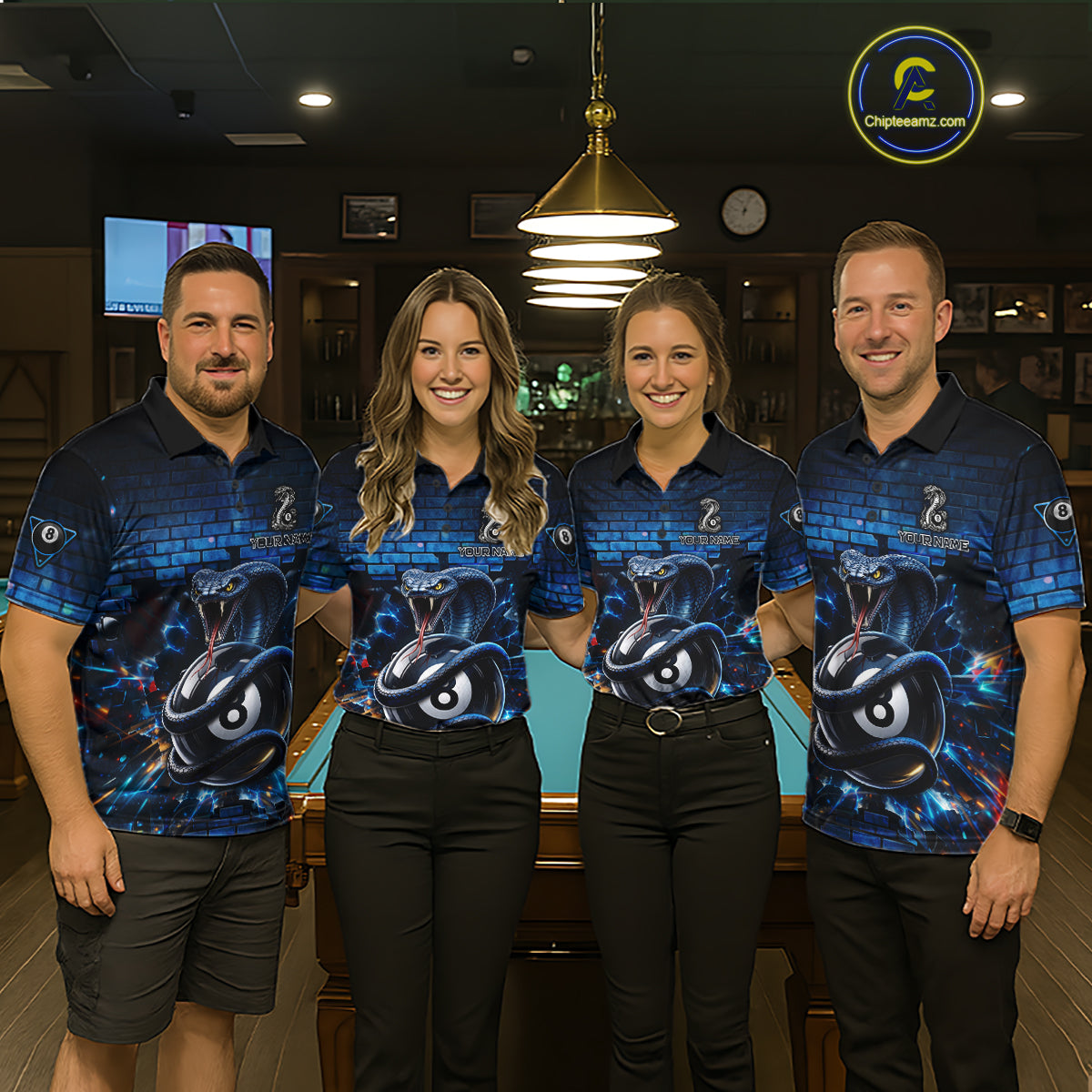 Lightning Blue 8 Ball Pool Shirts Custom Men Billiard Polo & 1/4 Zip Shirts Cobra Billiard Jerseys NYN2969