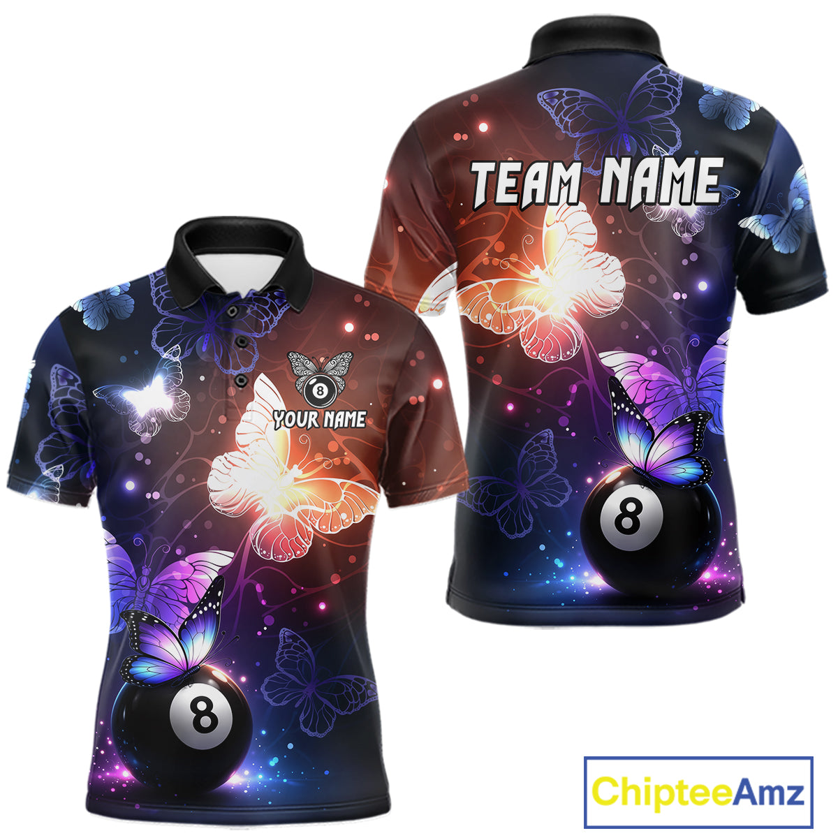 Multi-Color Butterfly 8 Ball Pool Polo & 1/4 Zip Shirts For Men Custom Pool Billiard Team Jerseys NYN2972