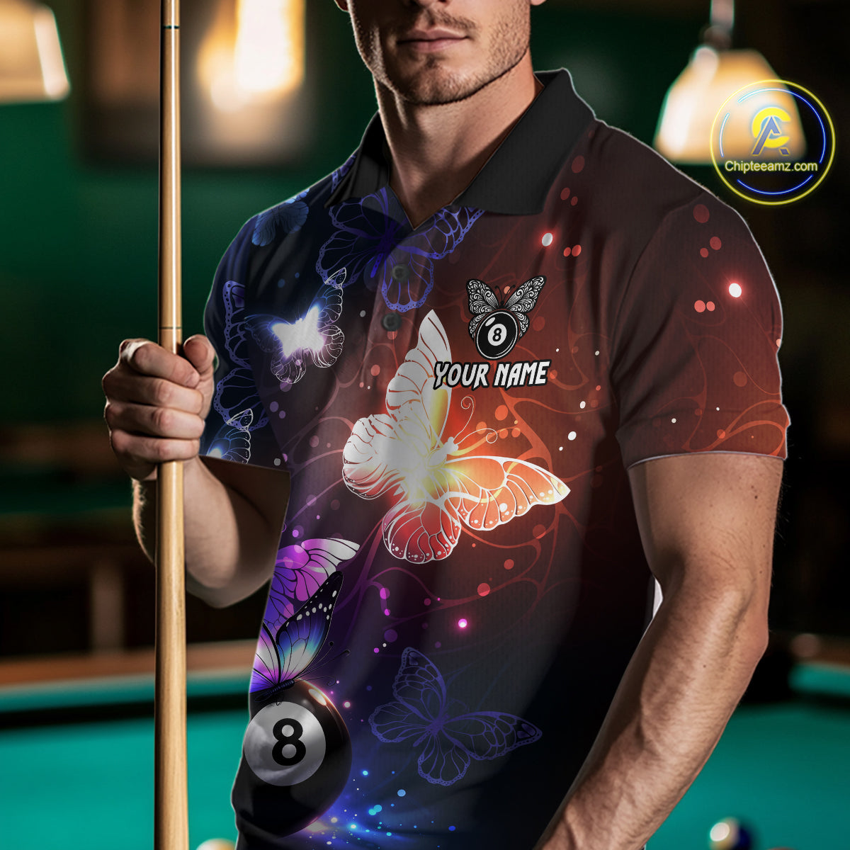 Multi-Color Butterfly 8 Ball Pool Polo & 1/4 Zip Shirts For Men Custom Pool Billiard Team Jerseys NYN2972