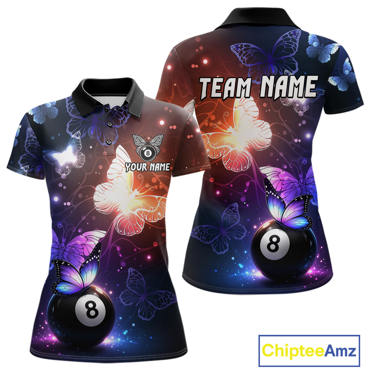 Multi-Color Butterfly 8 Ball Pool Polo & 1/4 Zip Shirts For Women Custom Pool Billiard Team Jerseys NYN2972