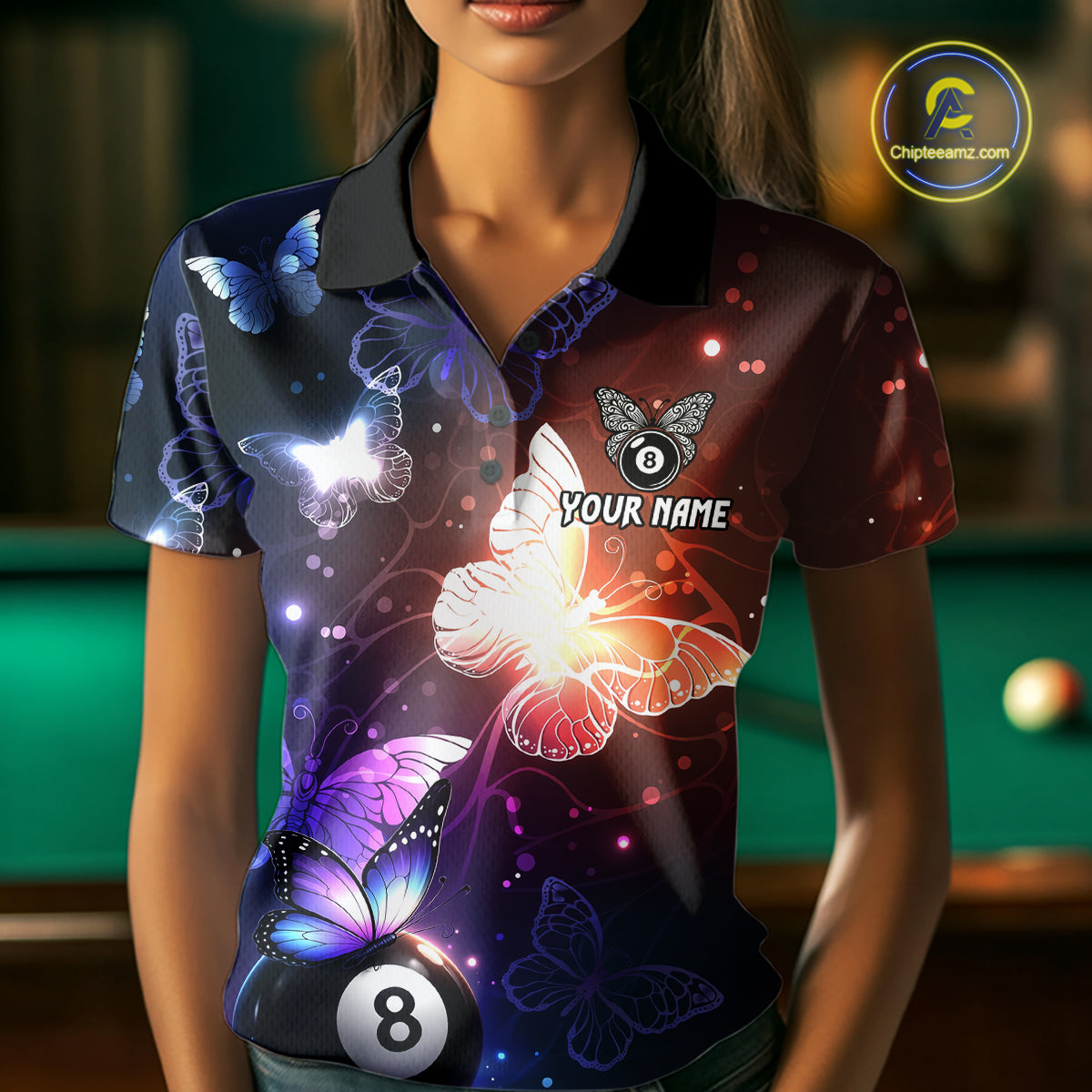 Multi-Color Butterfly 8 Ball Pool Polo & 1/4 Zip Shirts For Women Custom Pool Billiard Team Jerseys NYN2972