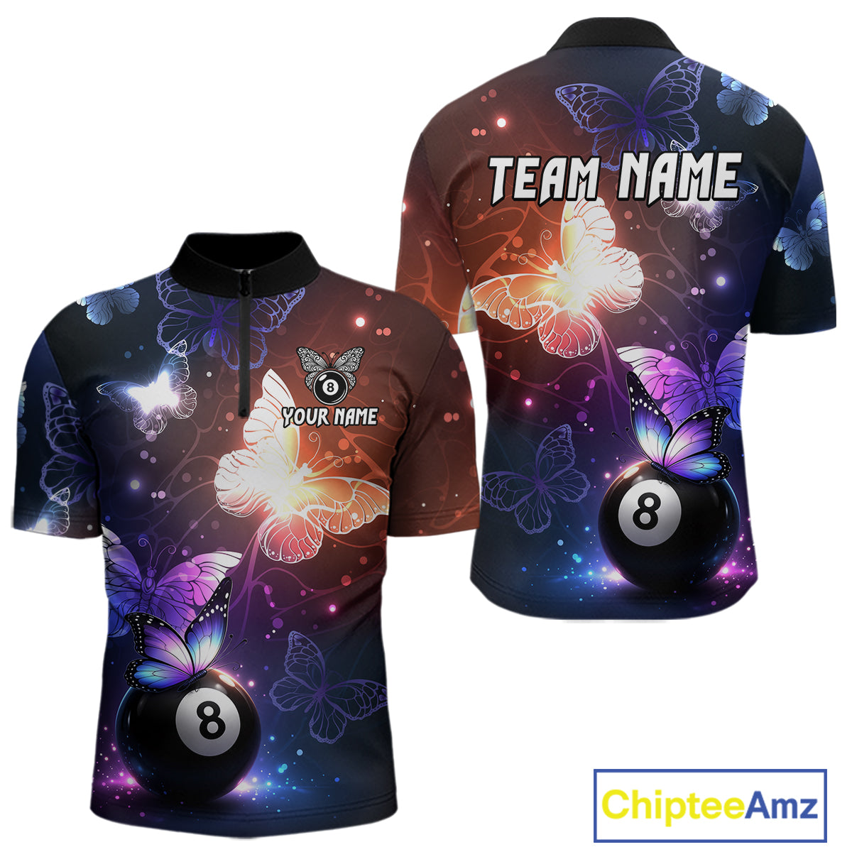 Multi-Color Butterfly 8 Ball Pool Polo & 1/4 Zip Shirts For Men Custom Pool Billiard Team Jerseys NYN2972