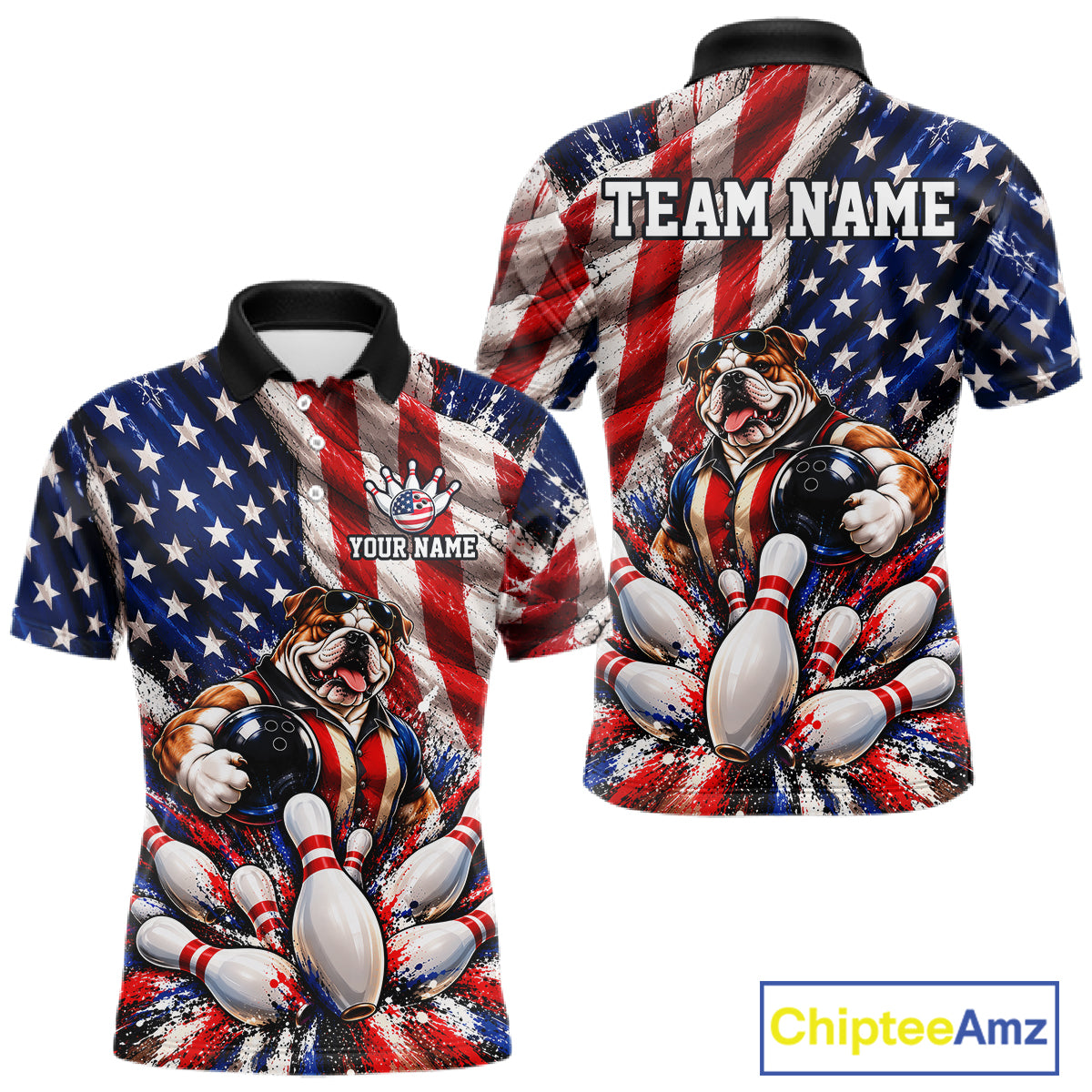 Custom Patriotic Bulldog Bowling Shirt For Men Funny Team Bowling Shirt US Flag Bowler Apparel NYN5059