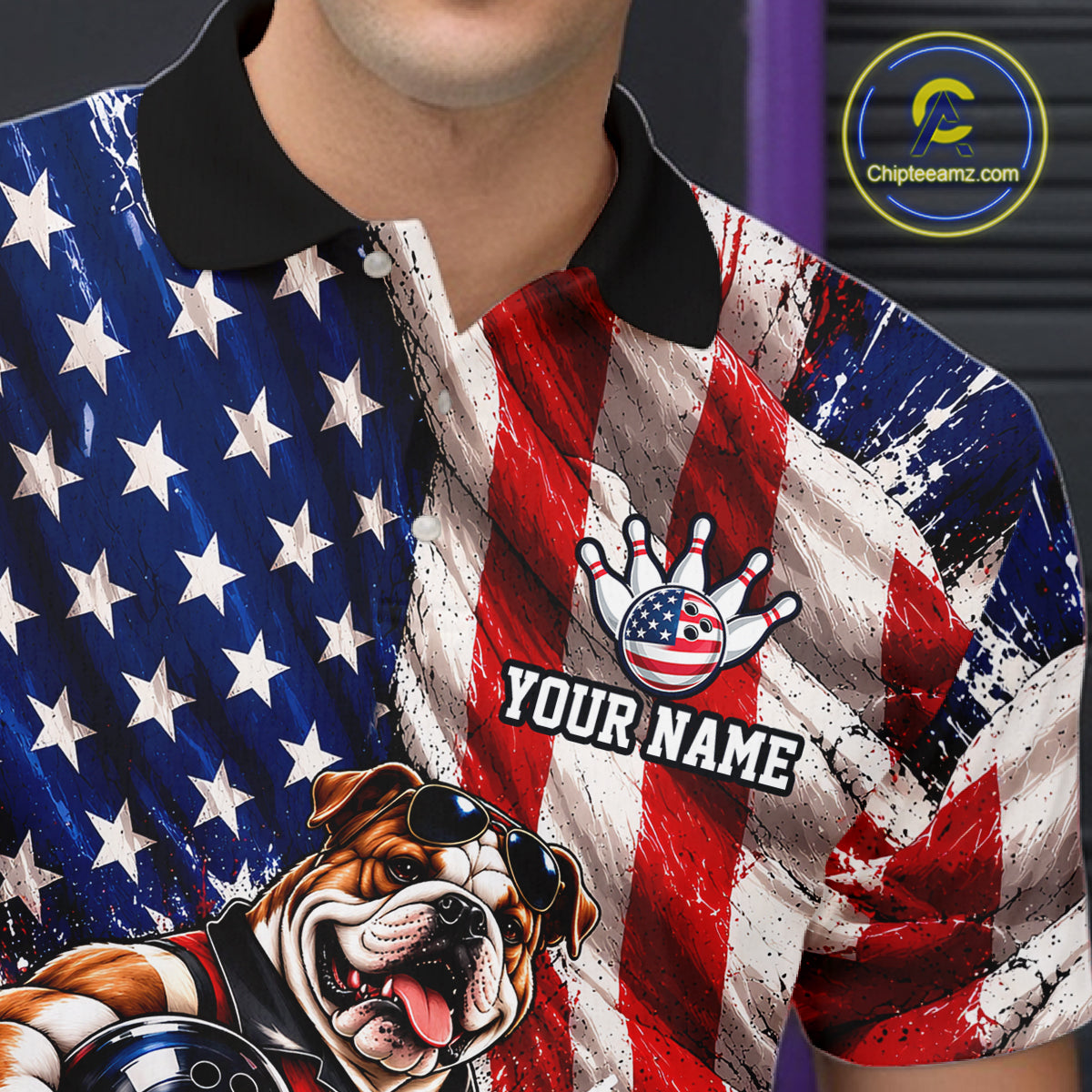Custom Patriotic Bulldog Bowling Shirt For Men Funny Team Bowling Shirt US Flag Bowler Apparel NYN5059