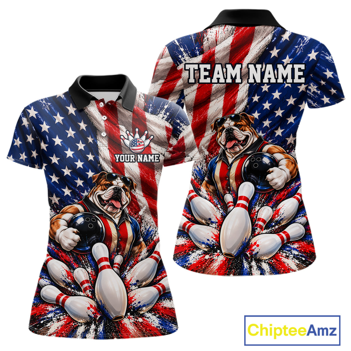 Custom Patriotic Bulldog Bowling Shirt For Women Funny Team Bowling Shirt US Flag Bowler Apparel NYN5059