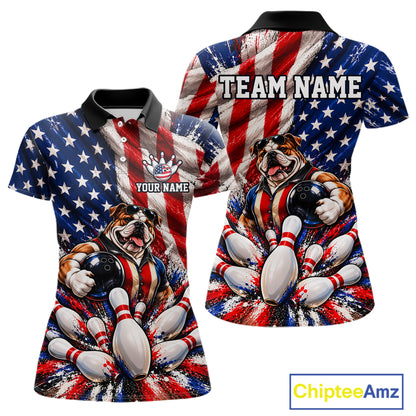 Custom Patriotic Bulldog Bowling Shirt For Women Funny Team Bowling Shirt US Flag Bowler Apparel NYN5059