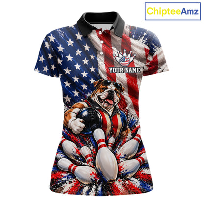 Custom Patriotic Bulldog Bowling Shirt For Women Funny Team Bowling Shirt US Flag Bowler Apparel NYN5059