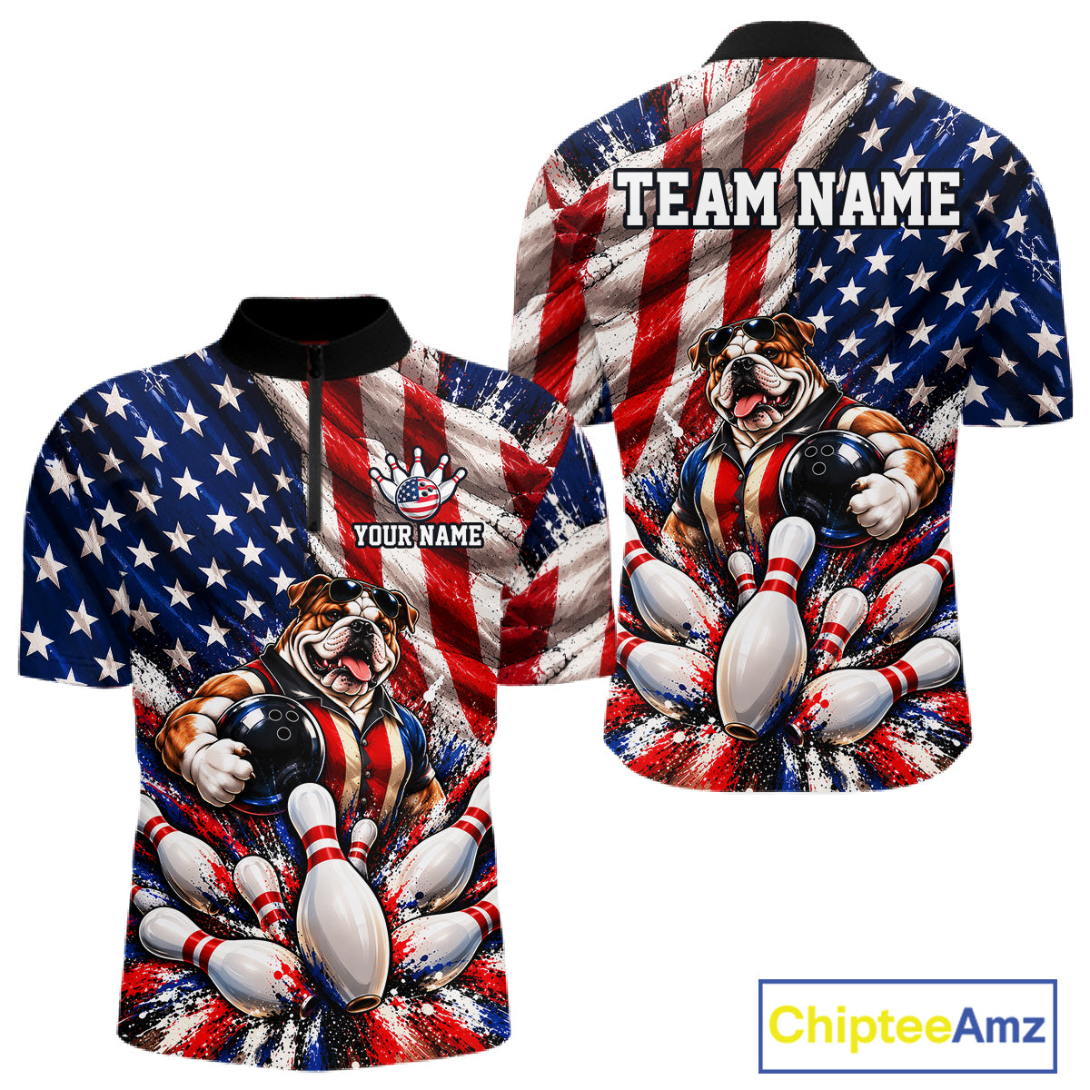 Custom Patriotic Bulldog Bowling Shirt For Men Funny Team Bowling Shirt US Flag Bowler Apparel NYN5059