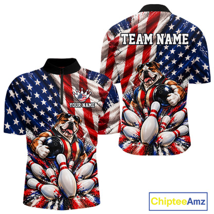 Custom Patriotic Bulldog Bowling Shirt For Men Funny Team Bowling Shirt US Flag Bowler Apparel NYN5059