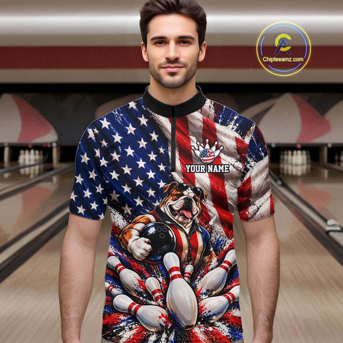 Custom Patriotic Bulldog Bowling Shirt For Men Funny Team Bowling Shirt US Flag Bowler Apparel NYN5059
