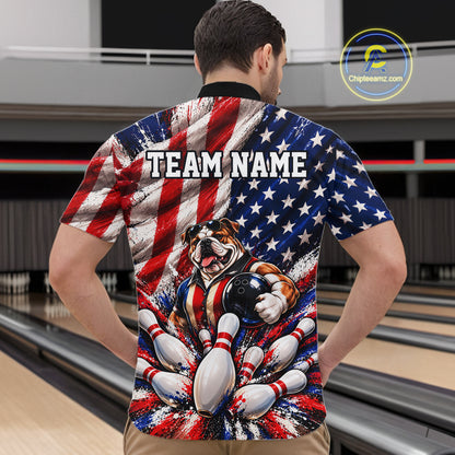 Custom Patriotic Bulldog Bowling Shirt For Men Funny Team Bowling Shirt US Flag Bowler Apparel NYN5059