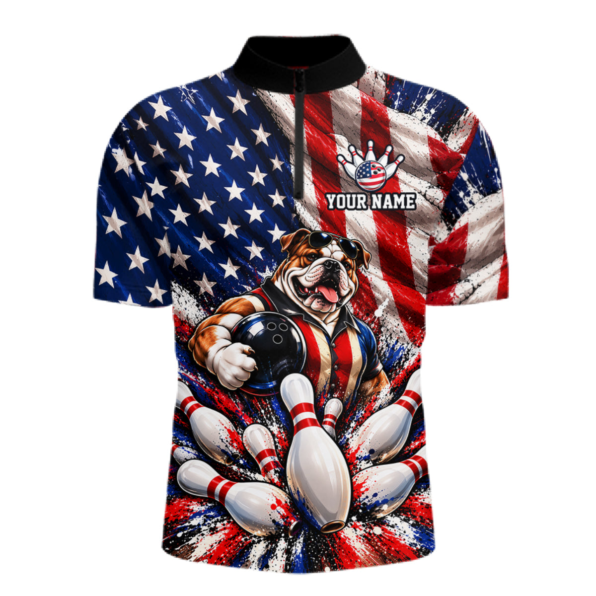 Custom Patriotic Bulldog Bowling Shirt For Men Funny Team Bowling Shirt US Flag Bowler Apparel NYN5059