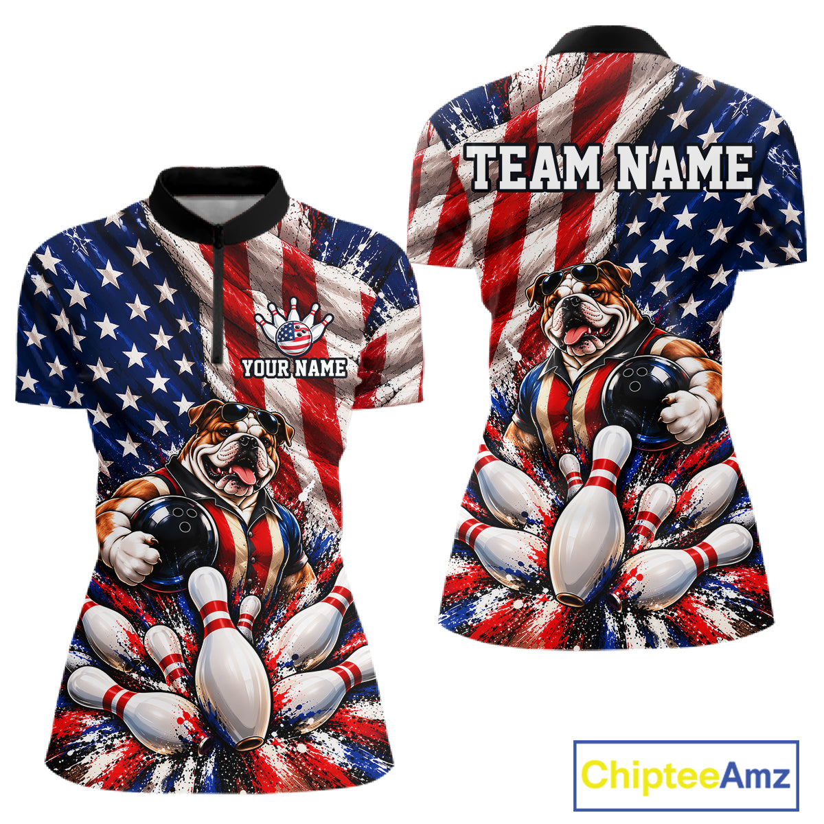Custom Patriotic Bulldog Bowling Shirt For Women Funny Team Bowling Shirt US Flag Bowler Apparel NYN5059