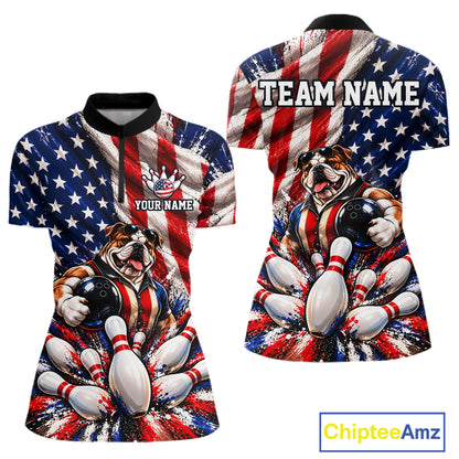 Custom Patriotic Bulldog Bowling Shirt For Women Funny Team Bowling Shirt US Flag Bowler Apparel NYN5059