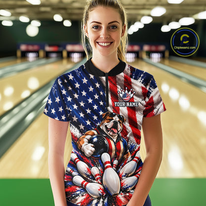 Custom Patriotic Bulldog Bowling Shirt For Women Funny Team Bowling Shirt US Flag Bowler Apparel NYN5059