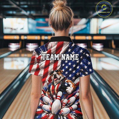Custom Patriotic Bulldog Bowling Shirt For Women Funny Team Bowling Shirt US Flag Bowler Apparel NYN5059