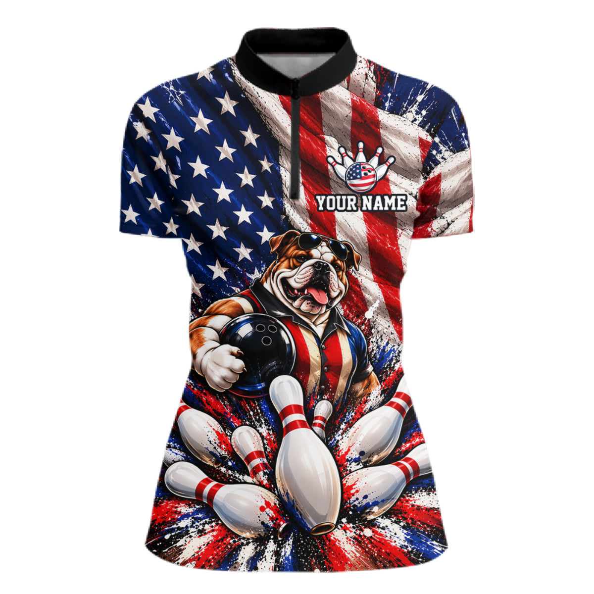 Custom Patriotic Bulldog Bowling Shirt For Women Funny Team Bowling Shirt US Flag Bowler Apparel NYN5059