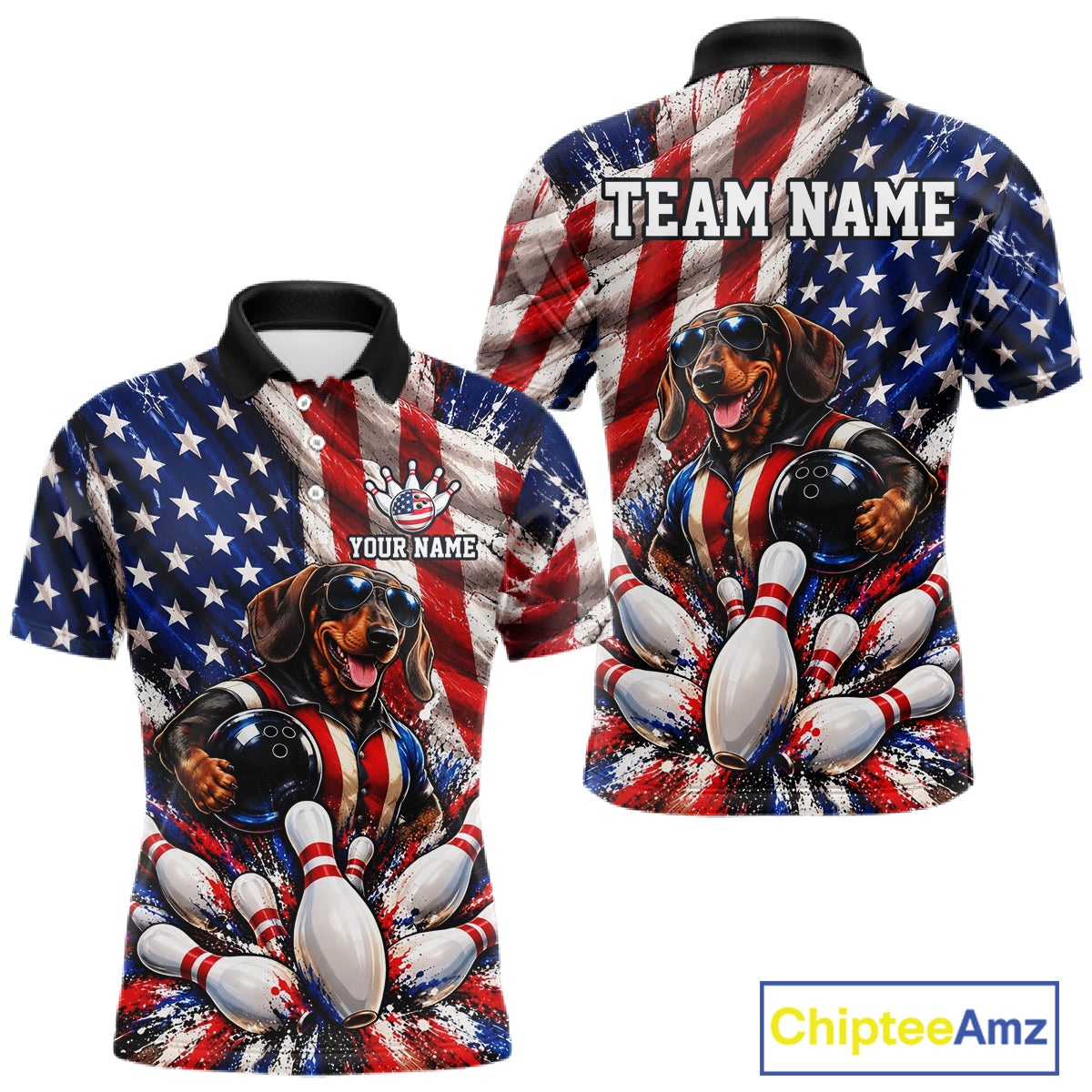 Custom Patriotic Dachshund Bowling Shirt For Men Funny Team Bowling Shirt US Flag Bowler Apparel NYN5060