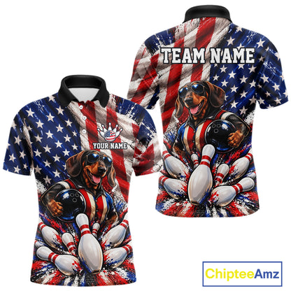 Custom Patriotic Dachshund Bowling Shirt For Men Funny Team Bowling Shirt US Flag Bowler Apparel NYN5060